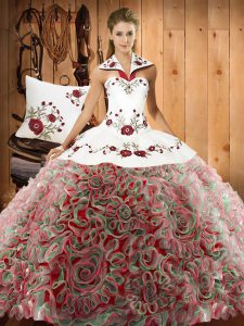 Sleeveless Fabric With Rolling Flowers Sweep Train Lace Up Quinceanera Gown in Multi-color with Embroidery