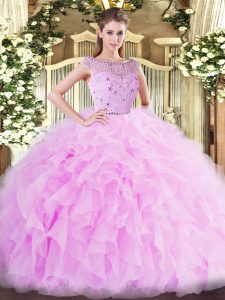 Custom Design Floor Length Lilac 15th Birthday Dress Tulle Sleeveless Beading and Ruffles