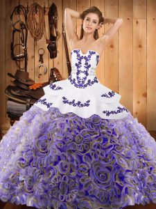 Strapless Sleeveless Sweep Train Lace Up Quinceanera Gowns Multi-color Satin and Fabric With Rolling Flowers