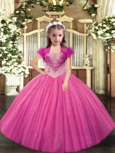Wonderful Straps Sleeveless Lace Up Pageant Dress for Teens Hot Pink Tulle
