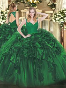 High End Dark Green Sleeveless Beading and Ruffles Floor Length Sweet 16 Quinceanera Dress