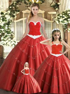 Customized Red Lace Up Sweetheart Beading 15 Quinceanera Dress Tulle Sleeveless