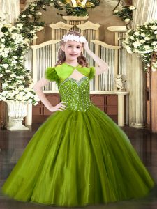 Olive Green Tulle Lace Up Straps Sleeveless Floor Length Little Girls Pageant Dress Wholesale Beading