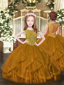 Floor Length Brown Pageant Gowns For Girls Tulle Sleeveless Beading and Ruffles