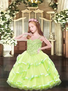 Discount Yellow Green Lace Up Spaghetti Straps Appliques Child Pageant Dress Organza Sleeveless