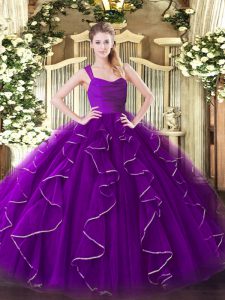 Sweet Sleeveless Organza Floor Length Zipper Sweet 16 Dress in Eggplant Purple with Ruffles