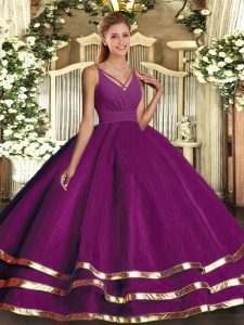 Purple Tulle Backless V-neck Sleeveless Floor Length Quinceanera Dress Ruching