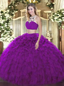 Fantastic Halter Top Sleeveless Sweet 16 Quinceanera Dress Floor Length Beading and Ruffles Purple Tulle