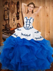 Blue Ball Gowns Strapless Sleeveless Satin and Organza Floor Length Lace Up Embroidery and Ruffles Ball Gown Prom Dress