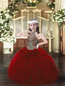Admirable Wine Red Ball Gowns Organza Halter Top Sleeveless Beading and Ruffles Floor Length Lace Up Little Girls Pageant Gowns