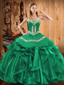 Trendy Green Organza Lace Up Quinceanera Dress Sleeveless Floor Length Embroidery and Ruffles
