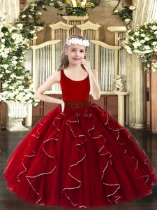 High Quality Scoop Sleeveless Little Girls Pageant Dress Floor Length Beading and Ruffles Wine Red Organza