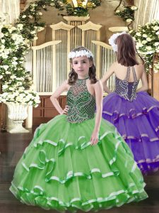 Floor Length Green Little Girls Pageant Dress Halter Top Sleeveless Lace Up