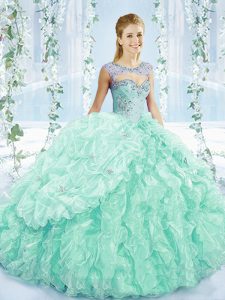 Fancy Sleeveless Brush Train Lace Up Beading and Ruffles Quinceanera Gown
