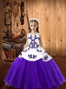 Hot Sale Purple Ball Gowns Organza Straps Sleeveless Embroidery Floor Length Lace Up Kids Pageant Dress