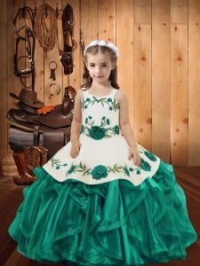 Floor Length Lace Up Kids Pageant Dress Teal for Sweet 16 and Quinceanera with Embroidery and Ruffles