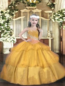 Gold Sleeveless Beading and Ruffled Layers and Sequins Floor Length Little Girl Pageant Gowns