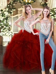 Graceful Wine Red Sleeveless Floor Length Beading and Ruffles Zipper Quinceanera Gowns