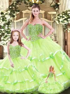 Low Price Sleeveless Tulle Floor Length Lace Up Quince Ball Gowns in Yellow Green with Beading and Ruffled Layers