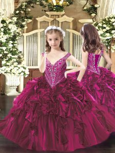 High Quality Organza Sleeveless Floor Length Little Girl Pageant Gowns and Beading and Ruffles