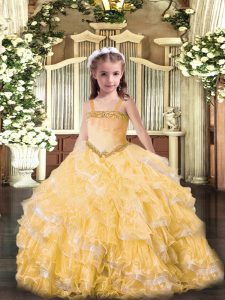 Most Popular Gold Sleeveless Appliques and Ruffled Layers Floor Length Pageant Dresses