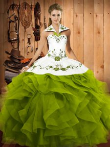 Discount Tulle Halter Top Sleeveless Lace Up Embroidery and Ruffles Sweet 16 Dress in Olive Green
