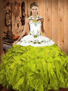 Inexpensive Olive Green Sleeveless Floor Length Embroidery and Ruffles Lace Up Quinceanera Dress