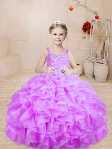 Straps Sleeveless Little Girl Pageant Gowns Floor Length Beading Lilac Organza