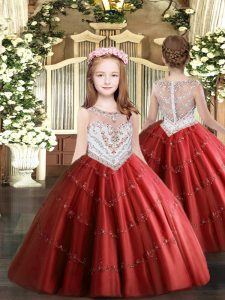 Sleeveless Floor Length Beading and Appliques Zipper Little Girl Pageant Gowns with Red