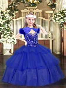 Sleeveless Lace Up Floor Length Beading and Ruffled Layers Little Girl Pageant Dress