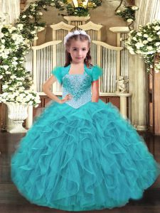 Custom Designed Aqua Blue Lace Up Little Girls Pageant Gowns Ruffles Sleeveless Floor Length