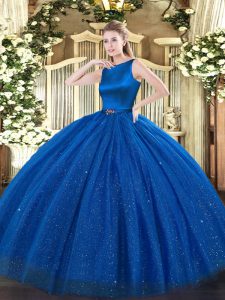Fashion Floor Length Blue Quinceanera Dress Tulle Sleeveless Belt