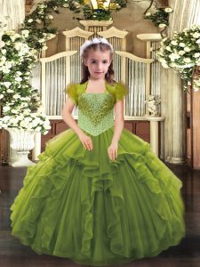 Great Beading and Ruffles Little Girl Pageant Dress Olive Green Lace Up Sleeveless Floor Length