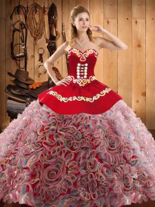 Edgy Multi-color Lace Up Sweetheart Embroidery 15th Birthday Dress Satin and Fabric With Rolling Flowers Sleeveless Sweep Train