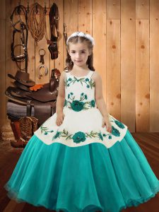 Embroidery Little Girls Pageant Dress Aqua Blue Lace Up Sleeveless Floor Length