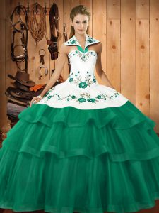 Beauteous Turquoise Halter Top Lace Up Embroidery and Ruffled Layers Sweet 16 Quinceanera Dress Sweep Train Sleeveless
