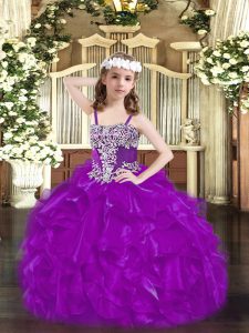 Purple Lace Up Straps Beading and Ruffles Child Pageant Dress Organza Sleeveless