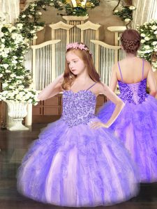 Lavender Sleeveless Appliques and Ruffles Floor Length Kids Pageant Dress