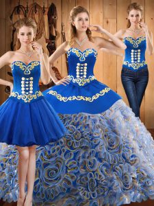 Custom Designed Multi-color Sleeveless Satin and Fabric With Rolling Flowers Sweep Train Lace Up Quince Ball Gowns for Military Ball and Sweet 16 and Quinceanera