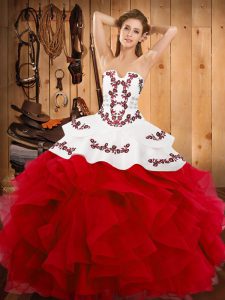 Top Selling White And Red Satin and Organza Lace Up Quinceanera Gown Sleeveless Floor Length Embroidery and Ruffles
