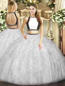 Chic Sleeveless Floor Length Ruffles Backless Quinceanera Dresses with Grey