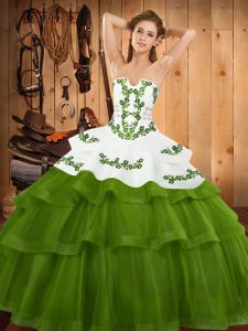 Olive Green Sleeveless Tulle Sweep Train Lace Up Quinceanera Dress for Military Ball and Sweet 16 and Quinceanera