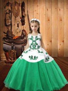 Sleeveless Organza Floor Length Lace Up Kids Formal Wear in Turquoise with Embroidery