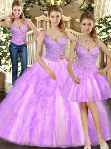 Deluxe Lilac Organza Lace Up Sweet 16 Dress Sleeveless Floor Length Beading and Ruffles