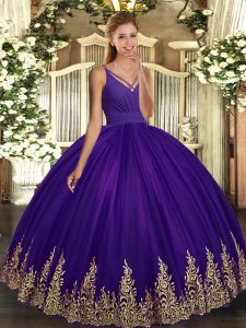 Cute V-neck Sleeveless 15th Birthday Dress Floor Length Appliques Eggplant Purple Tulle