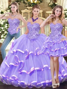 Artistic Floor Length Zipper Quinceanera Gown Lavender for Military Ball and Sweet 16 and Quinceanera with Appliques and Ruffled Layers