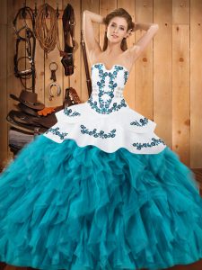 Glorious Sleeveless Floor Length Embroidery and Ruffles Lace Up 15 Quinceanera Dress with Teal