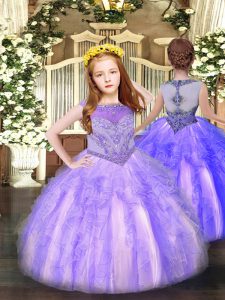 Lavender Organza Zipper Scoop Sleeveless Floor Length Pageant Gowns For Girls Beading and Ruffles