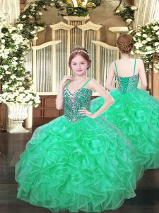 Turquoise Organza Lace Up Kids Formal Wear Sleeveless Floor Length Beading and Ruffles