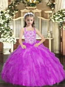 Straps Sleeveless Girls Pageant Dresses Floor Length Beading and Ruffles Lilac Organza
